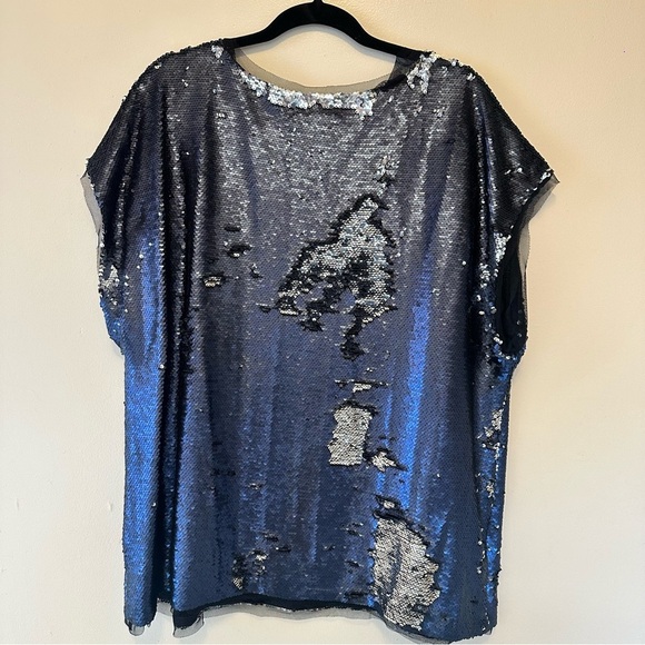 Rebel Plus Size Sequin V-Neck Top - Blue and Silver - Picture 3 of 9